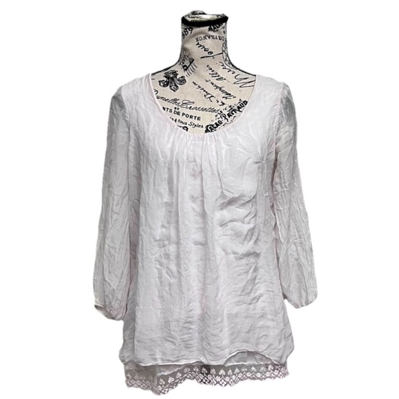 Prontomoda Guisy Boho White Lace Hem Peasant Blouse Lagenlook  Tunic Blouse XS - Picture 2 of 11